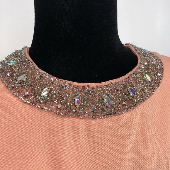 60’s Vintage 2 Piece Peach Sleeveless Rhinestone Beaded Collar Dress and Jacket - Picture 4 of 15